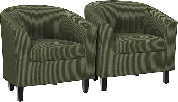 Yaheetech Corduroy Barrel Chairs Set of 2, Upholstered Club Chairs Accent Chairs, Round Armchairs Waiting Room Chairs with Soft Cushion for Living Room Bedroom Reading Room, Dark Green