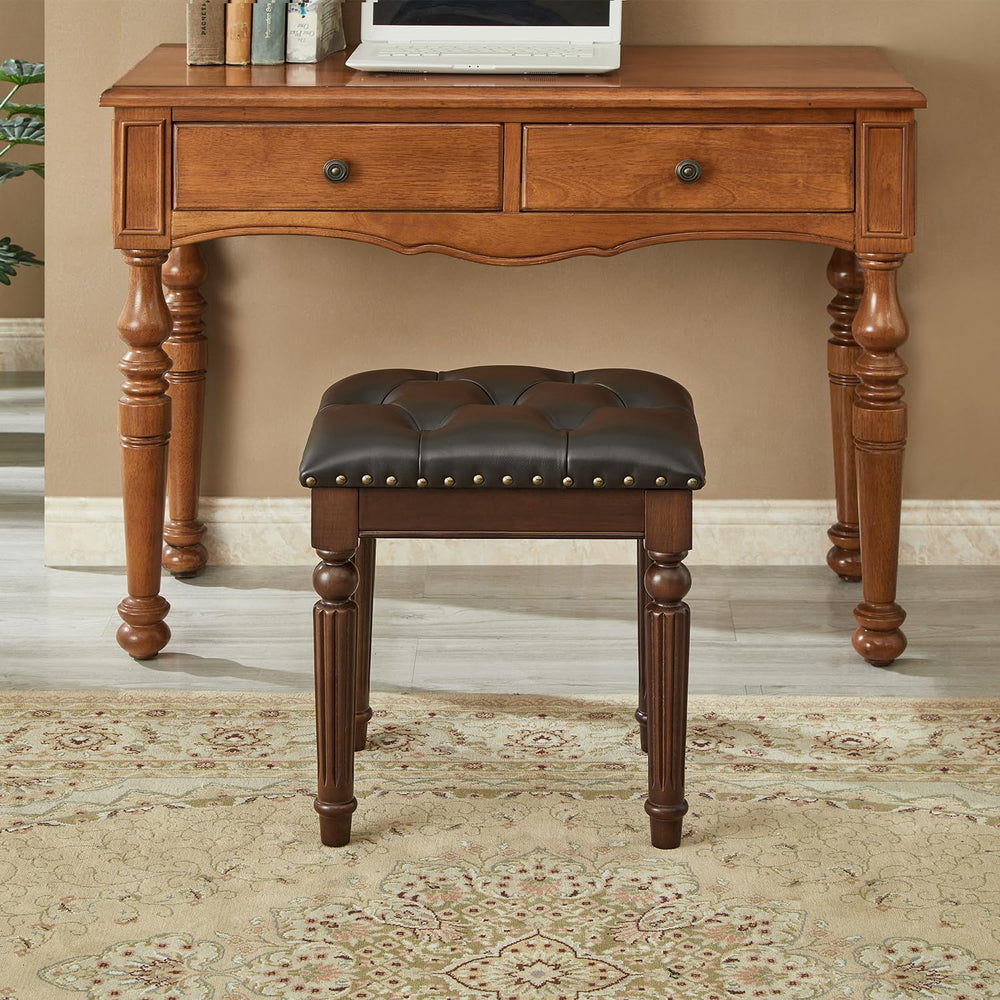LOFFBOM Vanity Bench Seat, Solid Wood Vintage Vanity Stool (Dark Brown) | Sol...
