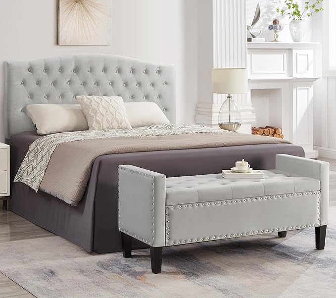 Upholstered Velvet Storage Ottoman Bench with Nail Trims,Soft Padded Seat with Armrest,for Living Room,Bedroom,Entryway,Easy to Assemble,Gray