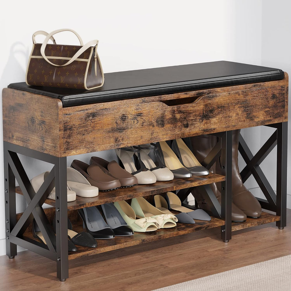 Shoe Bench, Lift Top Shoe Storage Bench, Adjustable Shelf Entryway Bench, Met...
