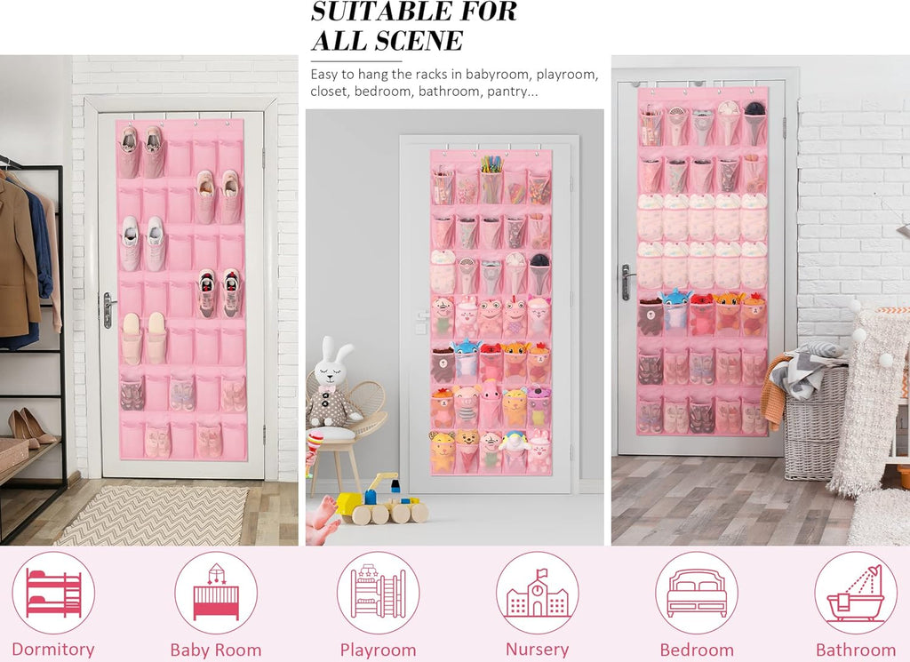 Tiblue Over The Door Shoe Organizers Pink with 35 Mesh Pockets Baby Organizer Storage Hanging Shoe Organizer Shoe Holder Rack For Toddler Girl Room Baby Room Craft Room Bedroom Pantry Bathroom Closet