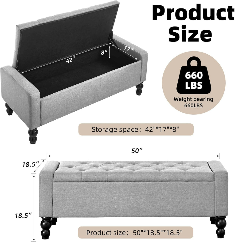 50" W Storage Ottoman Bench with Safety Hinge, Load up to 660 lb Ottoman...