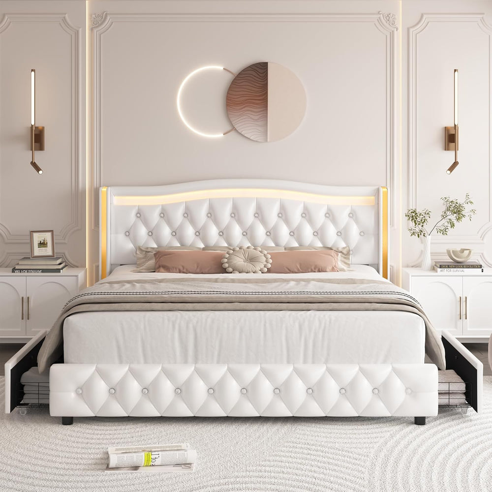 Upholstered Queen Size Bed Frame with LED Light & Storage, White PU Leather