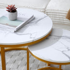 Small Round Nesting Coffee Table Set of 2 for Living Room, Wood Grain Faux Marble Modern Stacking Circle Coffee Table Side Table End Table with Metal Frame for Bedroom （Gold