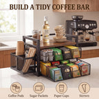 2 Tier Large Tea Bag Organizer with 16 Compartments, Side Cup Holder, Wood and Metal Coffee Bar Storage Station with Pull out Drawers and Top Tray for Countertop Kitchen Office, Rustic Brown