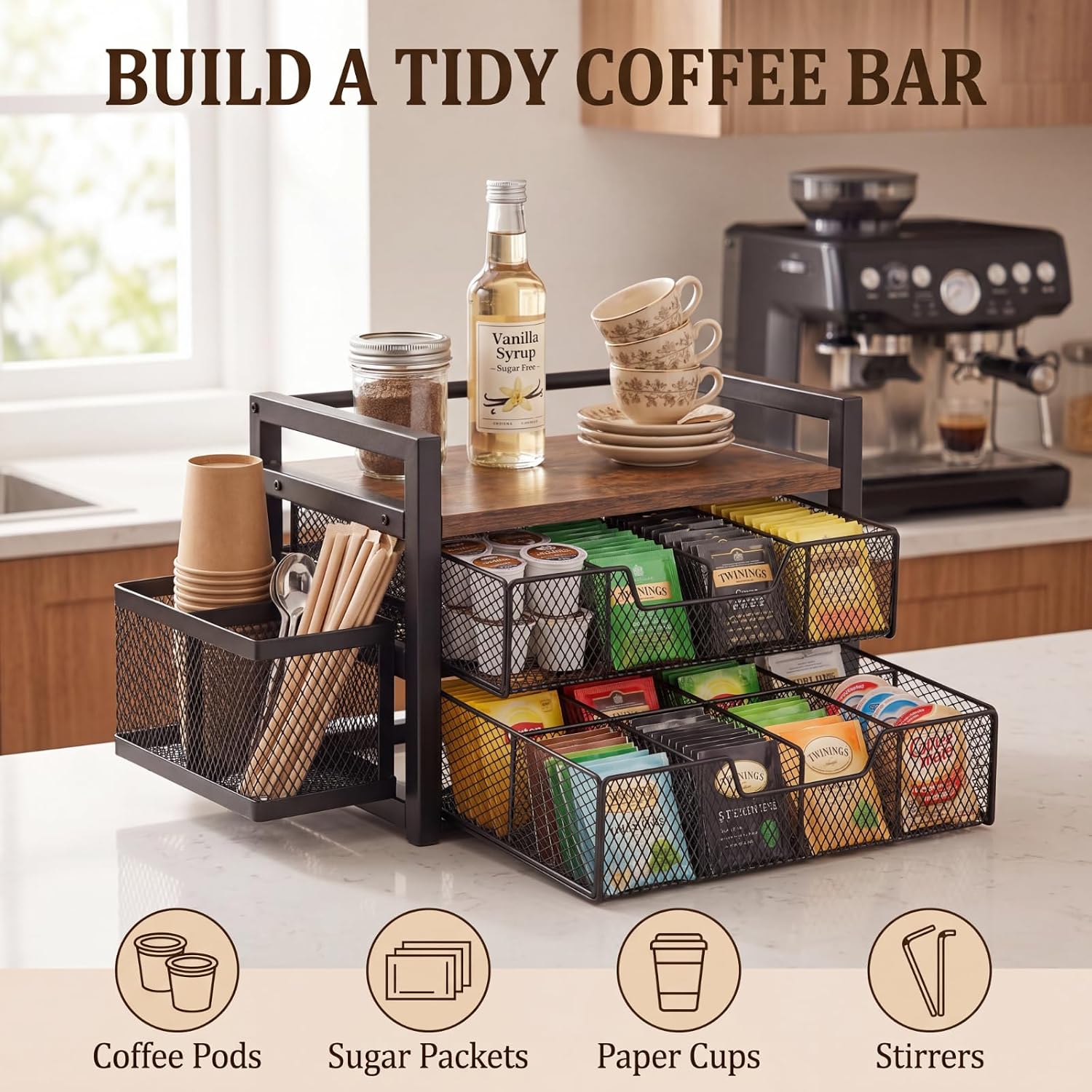 2 Tier Large Tea Bag Organizer with 16 Compartments, Side Cup Holder, Wood and Metal Coffee Bar Storage Station with Pull out Drawers and Top Tray for Countertop Kitchen Office, Rustic Brown