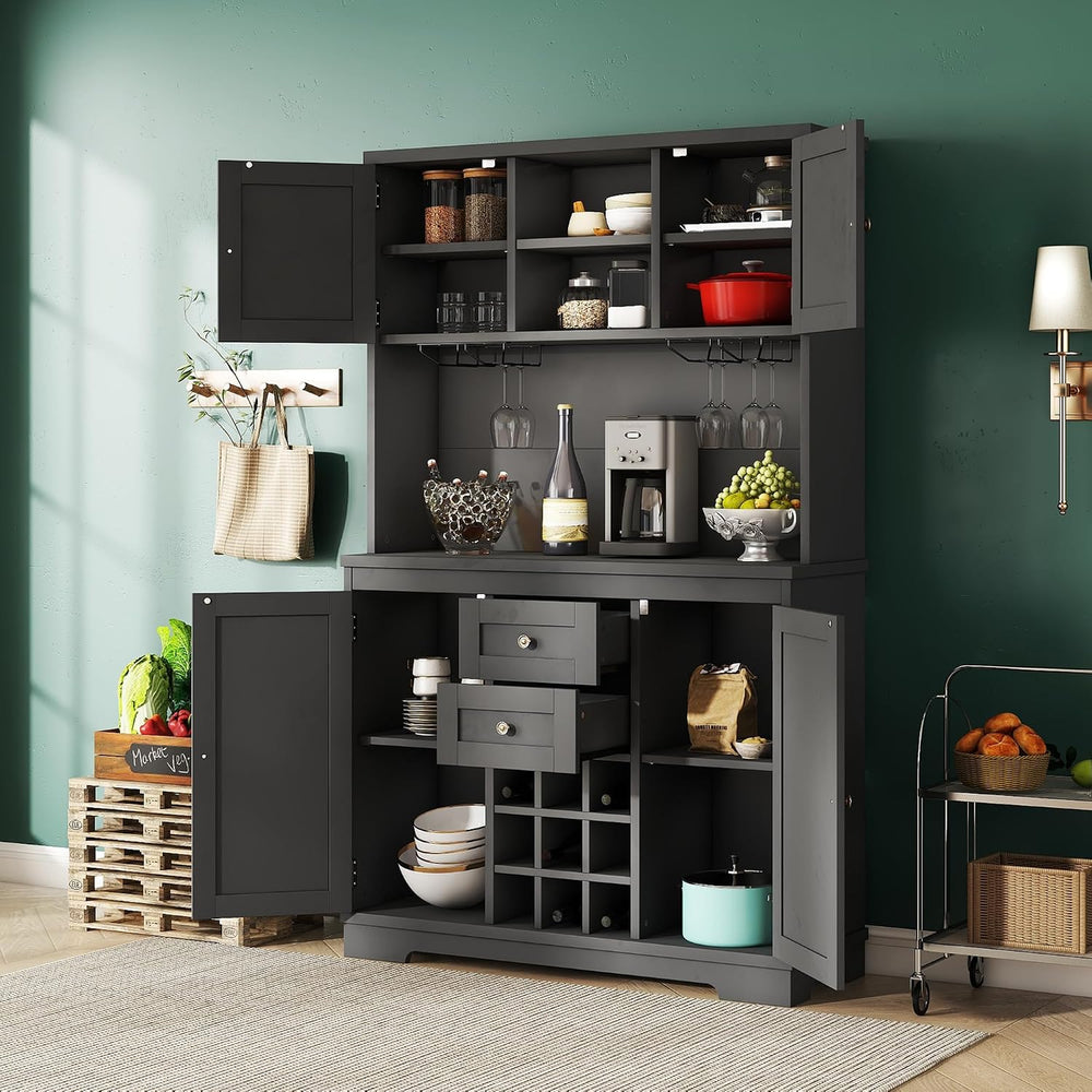 Farmhouse Kitchen Buffet Cabinet with Storage, Black Food Pantry Organizer wi...