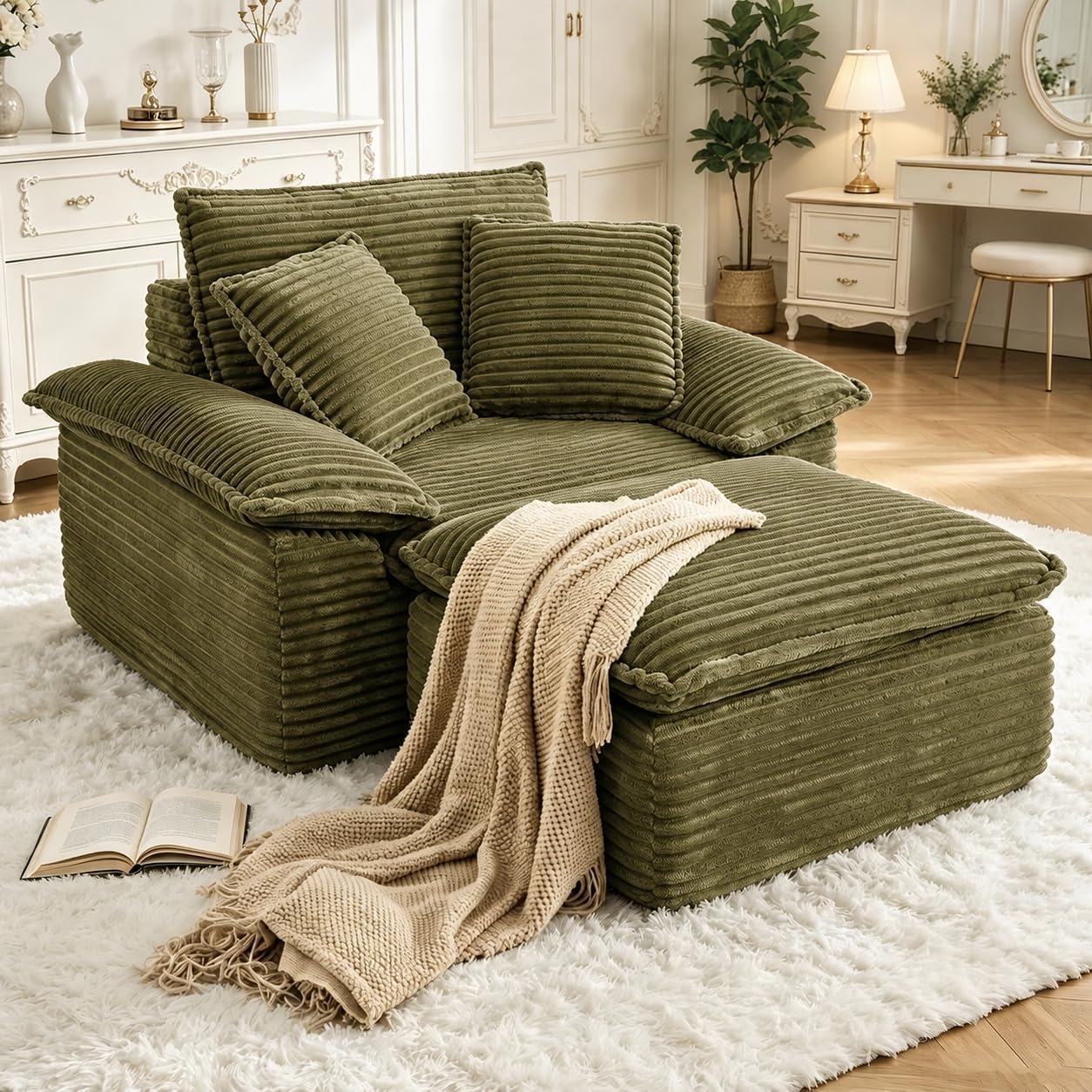 HYJT-H&K 63.5" Oversized Chaise Lounge Sofa, Boneless Chair with Ottoman | Green/Comfy Corduroy Reading Chair has Deep Seat,Ergonomic Armrests and 3 Pillows,No Assembly,For Living Rooms,Bedrooms