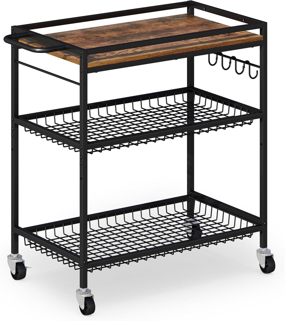 3 Tier Heavy Duty Rolling Kitchen Cart with Handle & Locking Wheels – Met...
