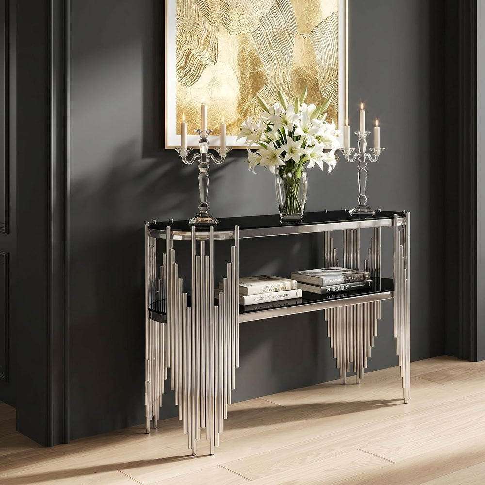 Modern Oval Console Table, 47 Inch Silver Sofa Tables with 2-Tier Black Tempe...