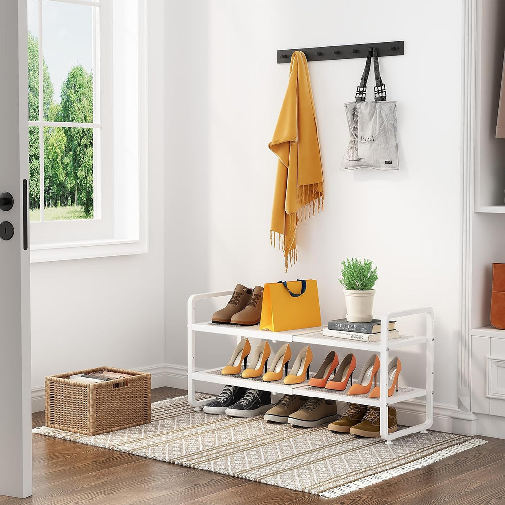 Expandable Metal Shoe Rack for Closet, Entryway & Garage, 2-Tier, White | Adjustable Height for Boots, Stackable Design, Dense Mesh Shelves for Heels, Fits Small Spaces, Apartments and Rentals