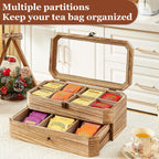 Tea Bag Organizer, Solid Wood 2 Layer Tea Box Organizer Storage, Christmas Gift Tea Bag Holder with Drawer Acrylic Window, Tea Organizer Caddy