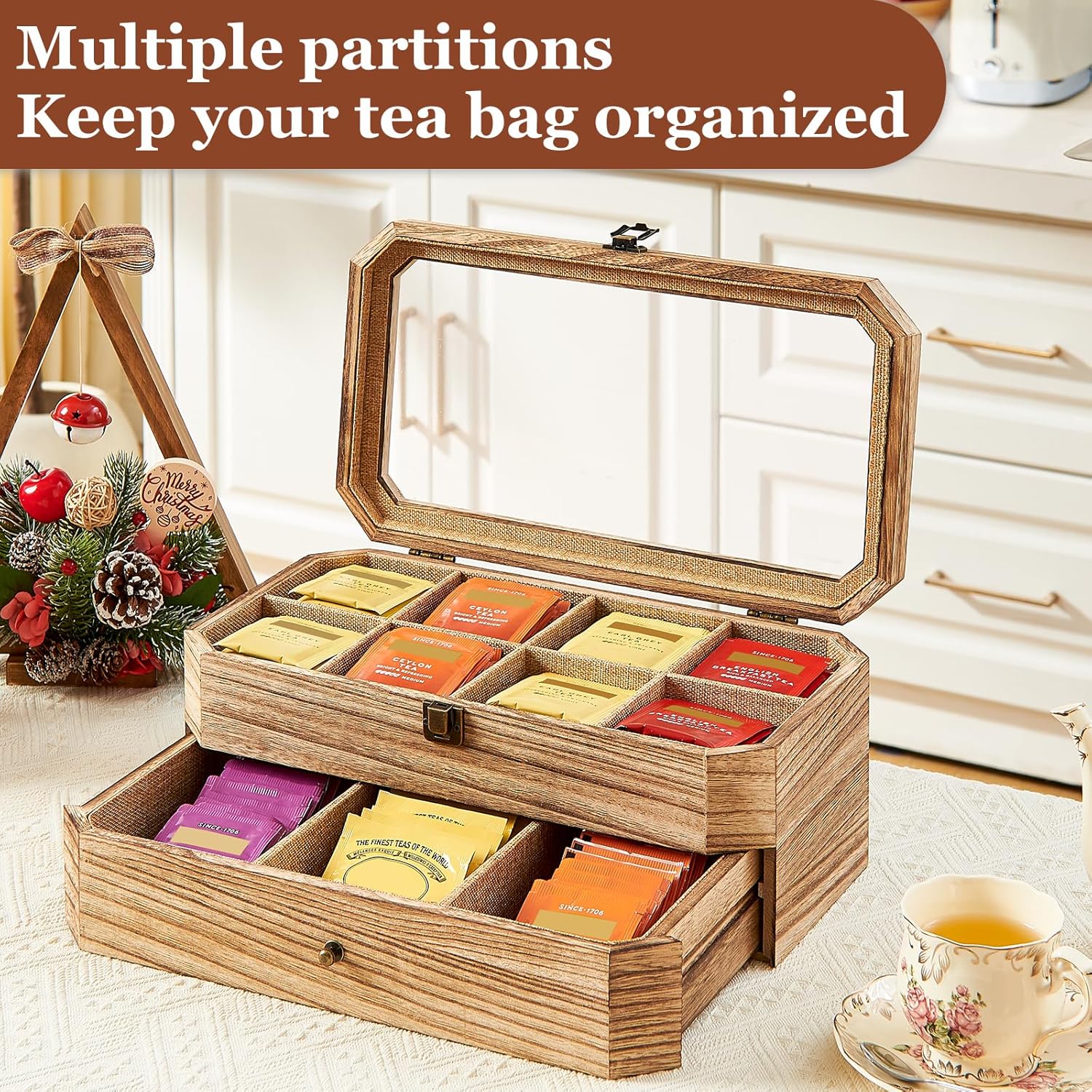 Tea Bag Organizer, Solid Wood 2 Layer Tea Box Organizer Storage, Christmas Gift Tea Bag Holder with Drawer Acrylic Window, Tea Organizer Caddy