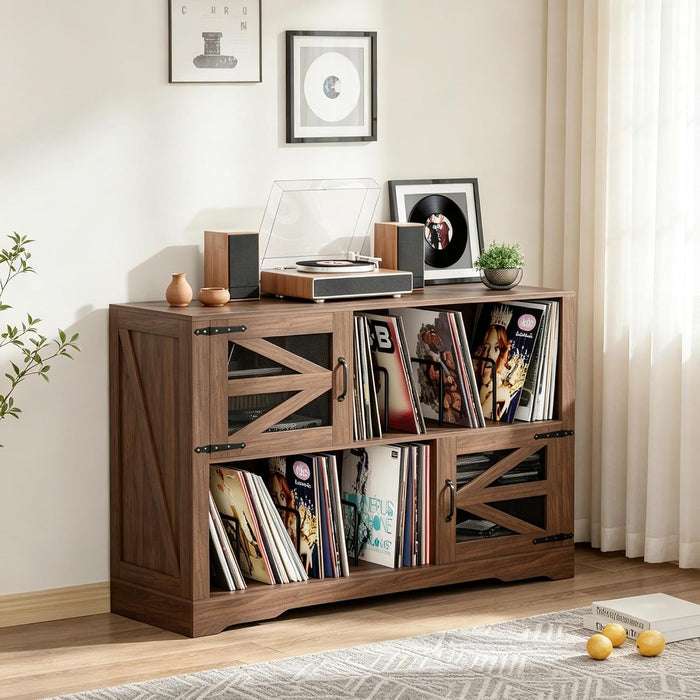 47 Inch Large Record Player Stand with Vinyl Storage, 500+ Vinyl Record Storage Cabinet, Record Player Table with Power Outlet, Farmhouse Wooden Turntable Stand for Living Room, Walnut