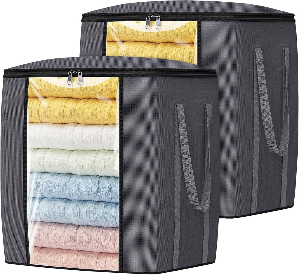 120L Extra Large Clothes Storage Bags, Foldable Blanket Storage and Organization, Thick Fabric Containers with Reinforced Handles & Zippers for Clothing, Comforters, Bedding, Gray, 2 Pack