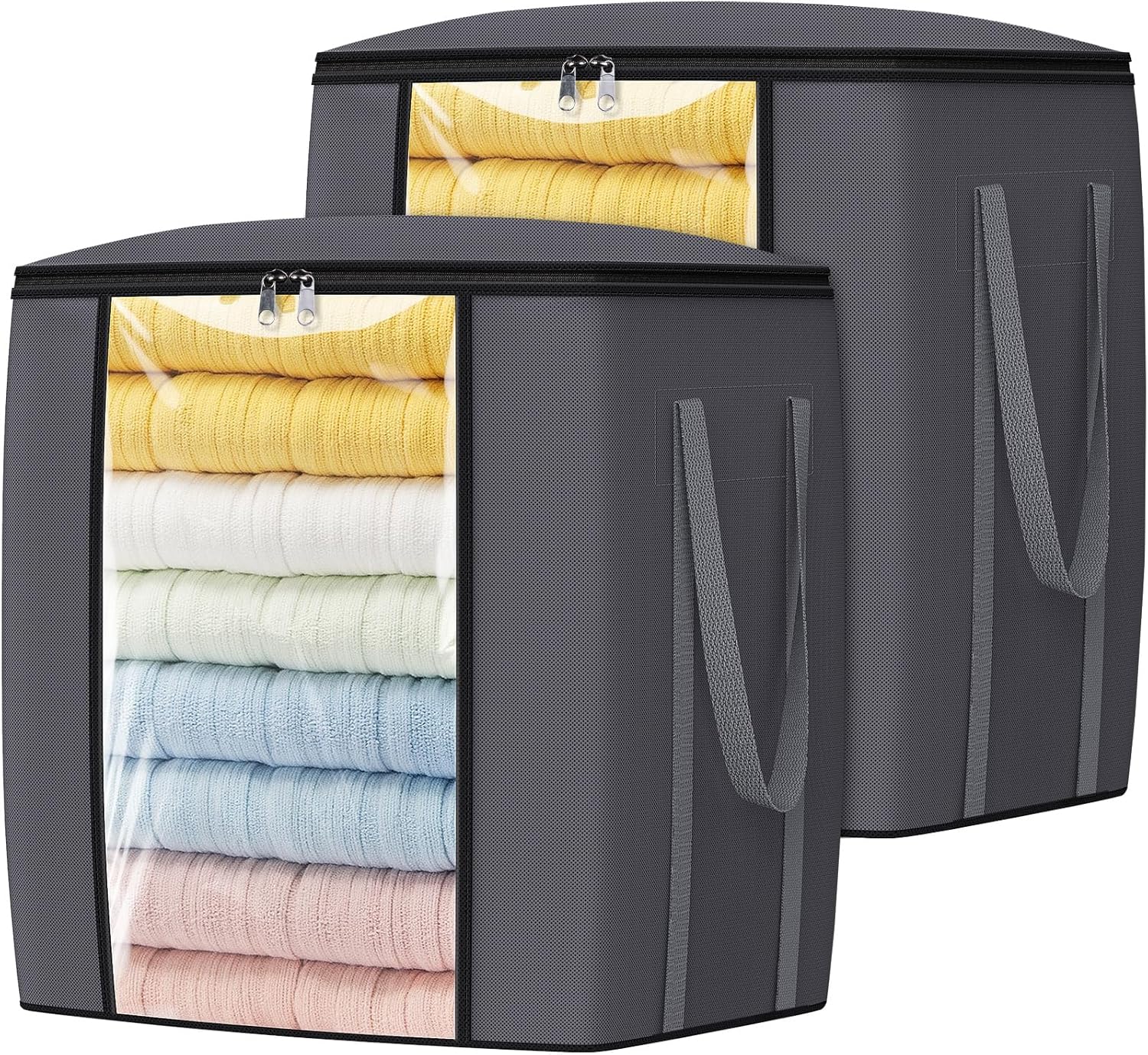 120L Extra Large Clothes Storage Bags, Foldable Blanket Storage and Organization, Thick Fabric Containers with Reinforced Handles & Zippers for Clothing, Comforters, Bedding, Gray, 2 Pack
