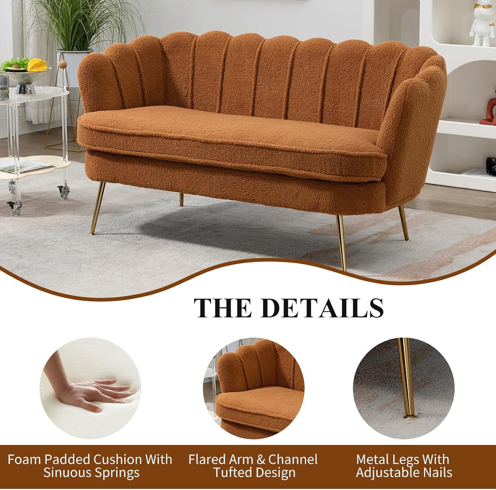 59" Wide Loveseat Sofa, Chenille Upholstered Small Couch | Petal-Shaped Design, Modern Leisure Sofa with Gold Metal Legs, 450LBS Solid Support, Mini Room Couch for Bedroom, Caramel