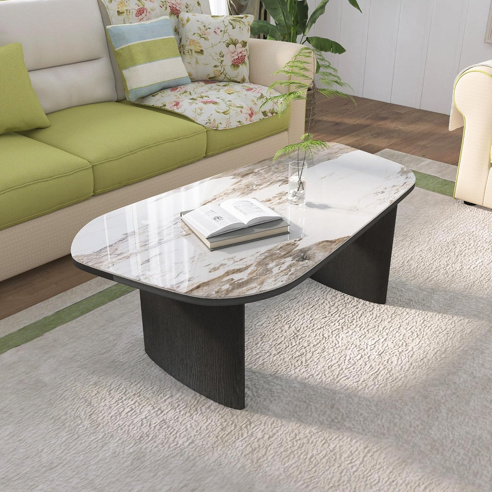 Luxury Marble Coffee Table, Premium Sintered Stone Top, Natural Wood Look Bas...