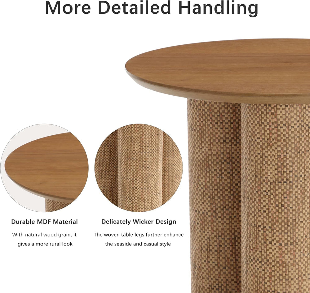 20" Round Walnut Wood End Table, Modern Side Table with 3 Textured Cylin...