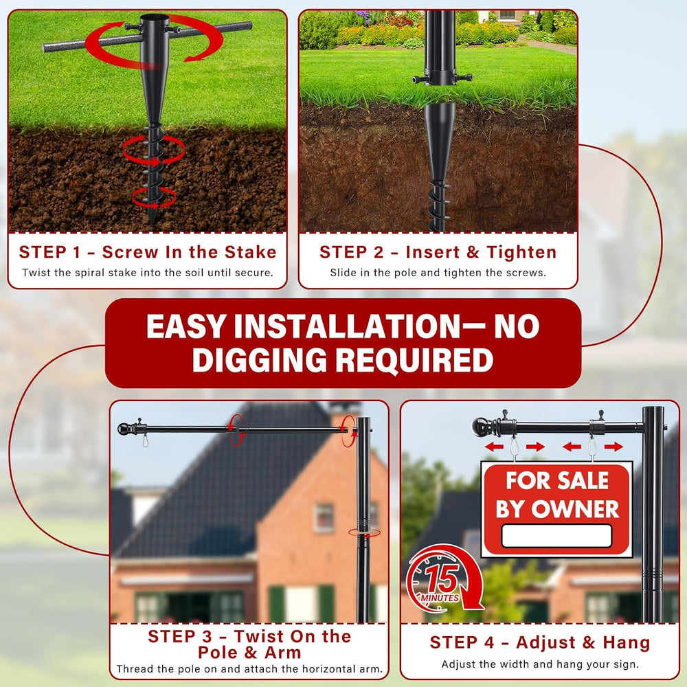 Real Estate Sign Post For Outside - Heavy Duty Metal Yard Sign Stand Pole wit...