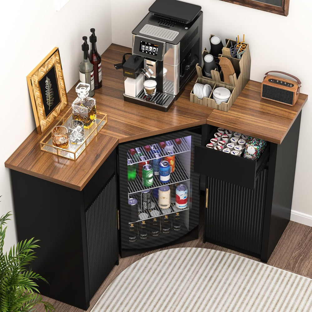 GDLF Corner Coffee Bar with Fridge Space, L Shaped Liquor Cabinet,Black | L-S...