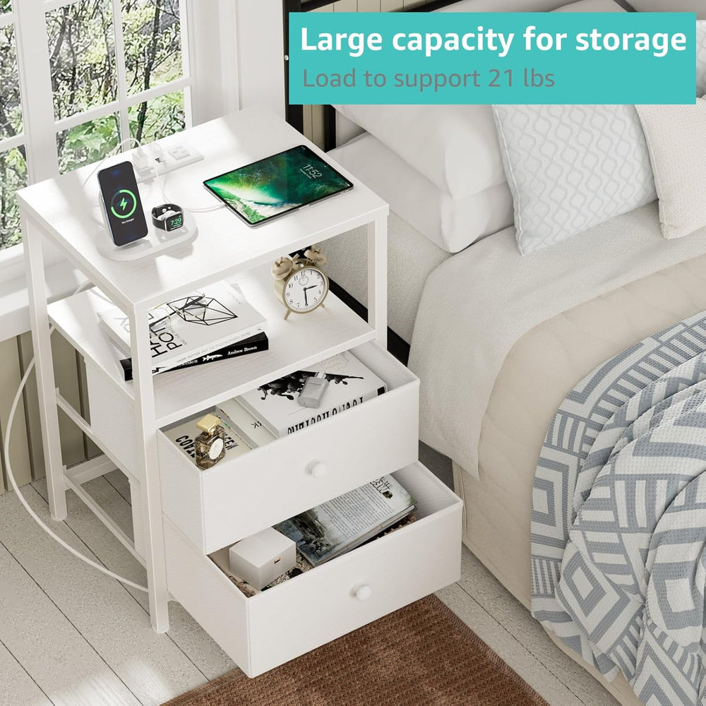 BOLUO White Nightstand with Charging Station, LED Night Stand with 2 Fabric D...