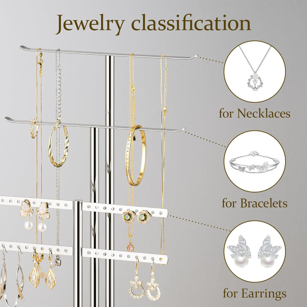 pickpiff Silver Jewelry Stand Holder Organizer: 14.5" Sturdy Hanger for 80 Pcs Jewelry, Chrome Jewlery Tower for Display Necklace, Earring, Bracelet, Watch