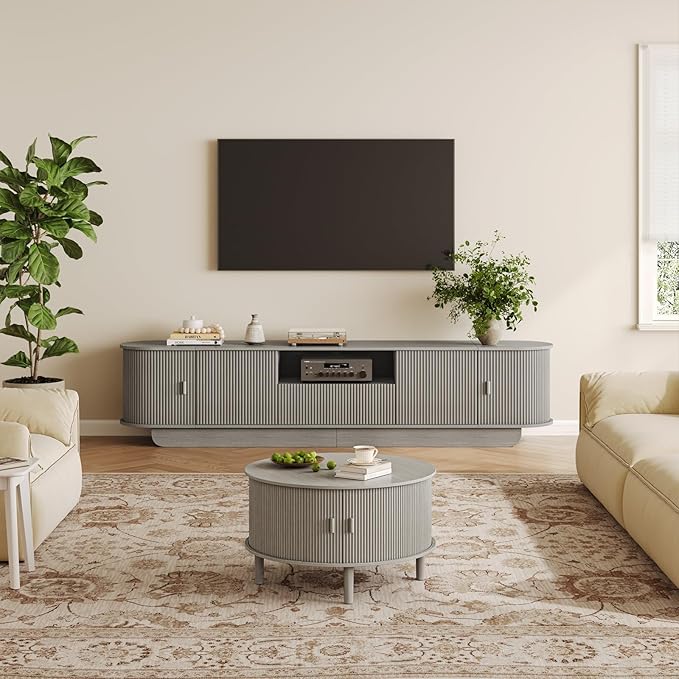 Coffee Table and TV Stand Set of 2, Round Center Table with Storage, Fluted Coffee Table with 360° Sliding Doors, 86.6" Entertainment Center for Bedroom, Living Room, Grey