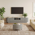 Coffee Table and TV Stand Set of 2, Round Center Table with Storage, Fluted Coffee Table with 360° Sliding Doors, 86.6" Entertainment Center for Bedroom, Living Room, Grey
