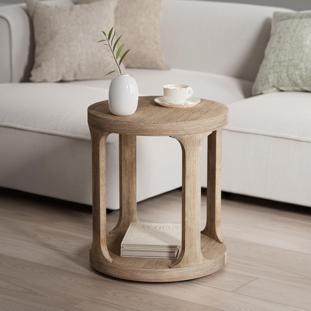 COZAYH Farmhouse Small End Table Wood Round Side Table for Small Space Rustic...