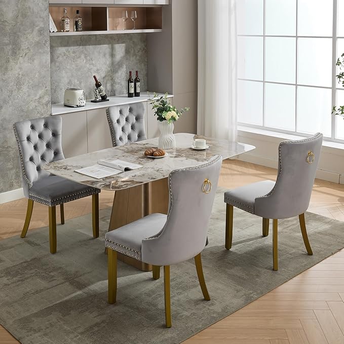 Velvet Dining Chairs Set of 4, High-end Tufted Upholstered Dining Chair with Back Ring Pull, Nailhead Trim and Golden Solid Wood Legs, Modern Dining Room Chairs for Dining Room, Light Gray