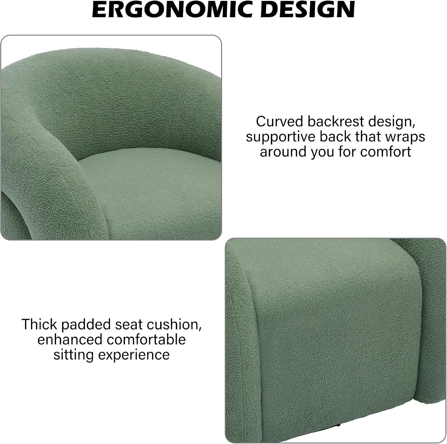 Boucle Swivel Barrel Accent Chair, No Assembly, Green, Set of 2 | Armchair Design, Boucle Fabric, Solid Wood Frame & 360° Metal Swivel Base, For Living Room, Bedroom, Reading & Waiting Room