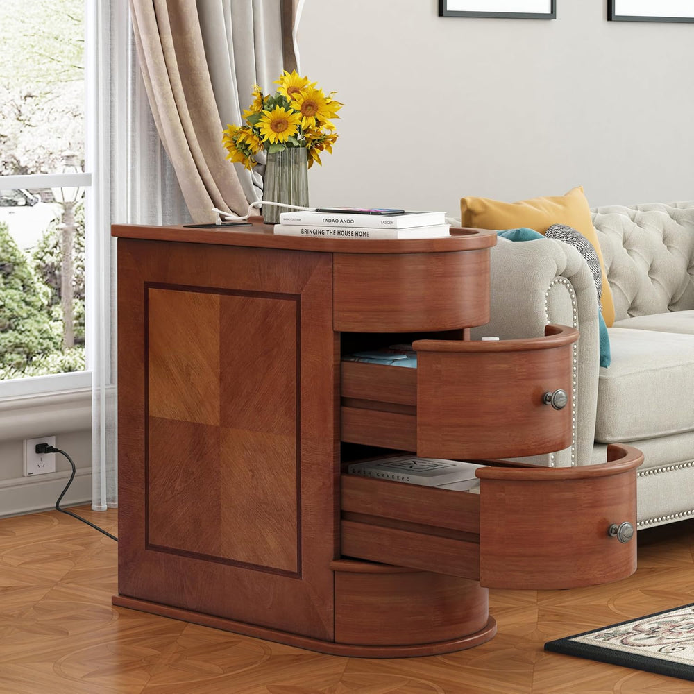 Narrow End Table with Charging Station, Vintage Slim Sofa Side Table & Ni...