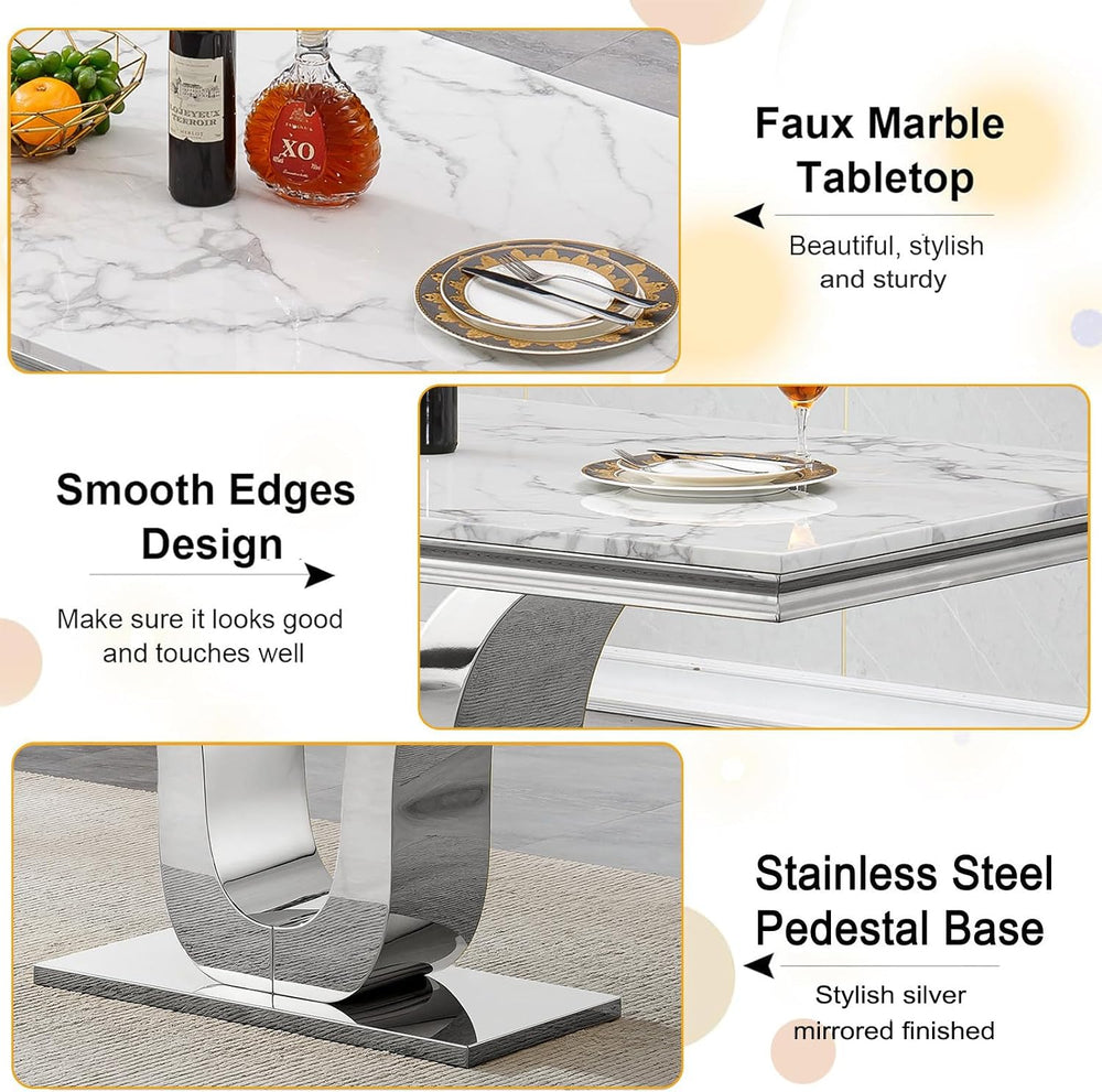 Faux Marble Dining Table for 4 to 6, 68 inch Luxury Dining Room Table with Wh...