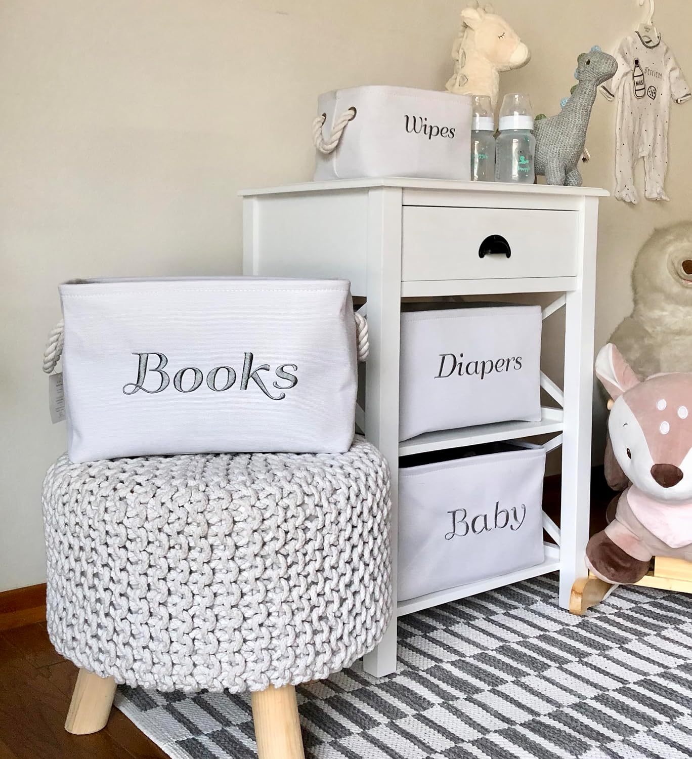 APPLE PIE ORDER Nursery basket, Storage & organizer Bin for Baby, Diapers, Wipes, Books, Toys. White Canvas fabric Decorative Box with Embroidering. (Books - Gray, Medium)