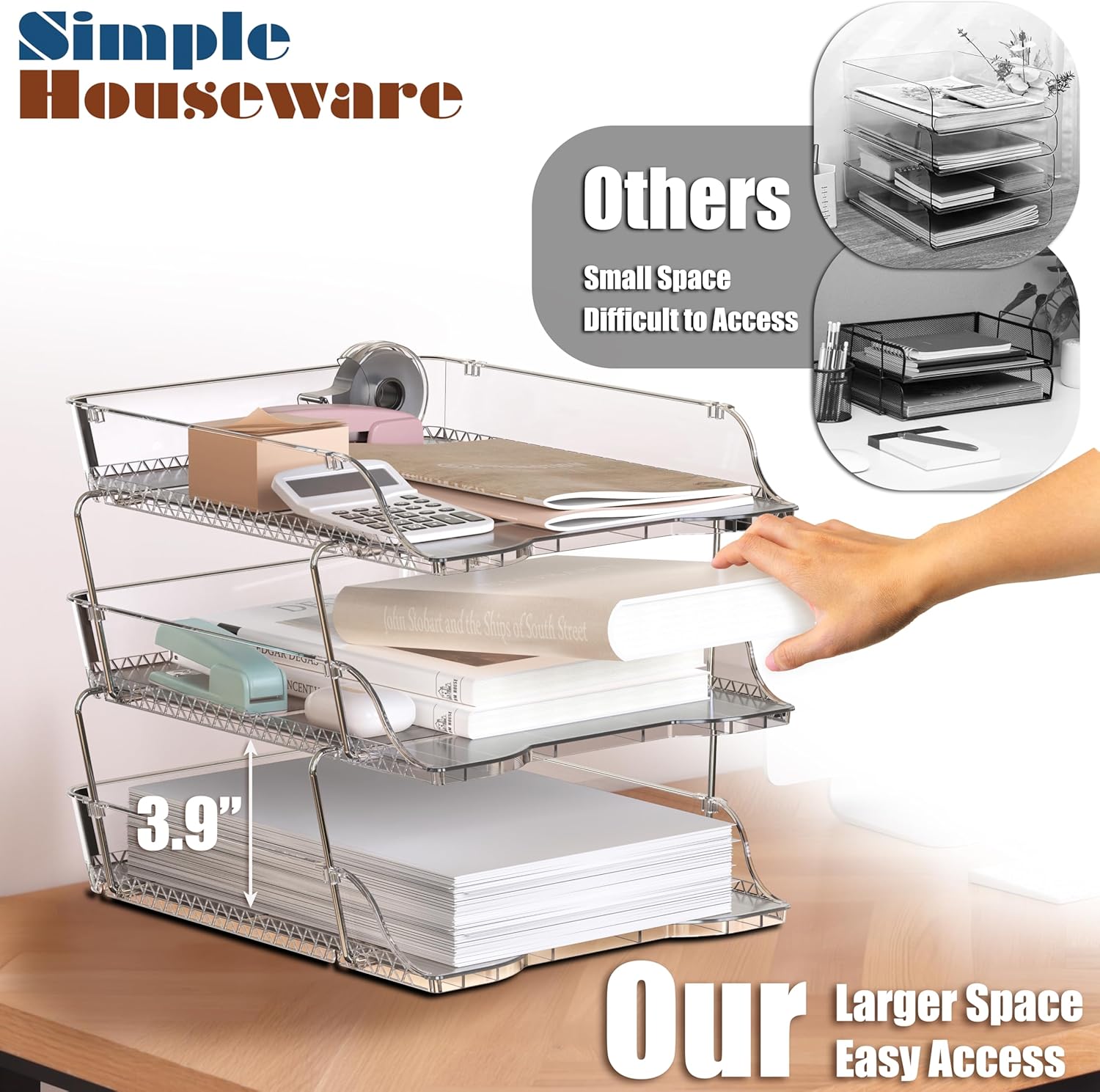 Simple Houseware 3-Tier Crystal Clear Stackable Document Letter Tray Paper Organizer - Desk Organizer for A4/Letter Size Documents, File Sorter, Paper Holder, Office Desktop File Storage, Acrylic Look