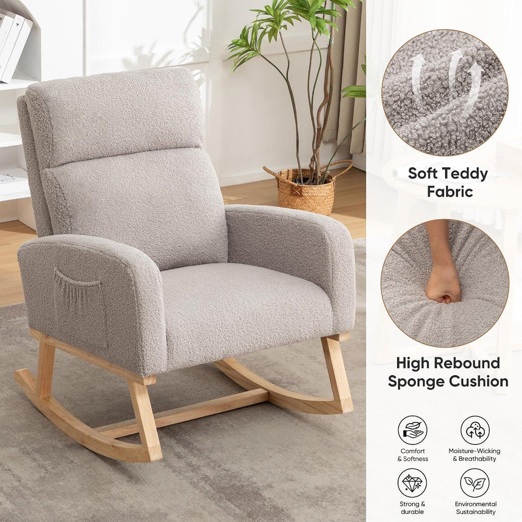 HCHAIRH Rocking Chair Nursery, Nursing Rocking Chairs, Upholstered Nursery Glider Rocker for Mom Nursery Morden Rocking Chair with Side Pocket for Living Room,Bedroom, Teddy Light Gray
