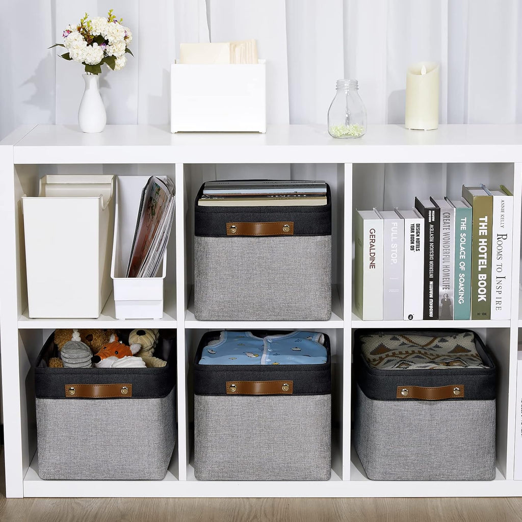 DULLEMELO Canvas Storage Bin with Handles, Fabric Bins for Shelves, Bedroom, Office,Nursery,Fabric Storage Baskets for Toys, Clothes,Gift(Black&Grey,15"x11"x9.5",4-Pack)