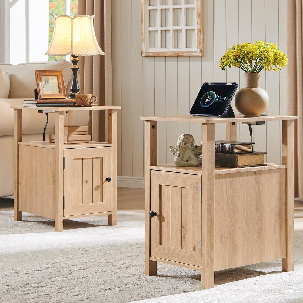 IFGET Farmhouse Nightstand Set of 2, End Table with Charging Station, Rustic ...