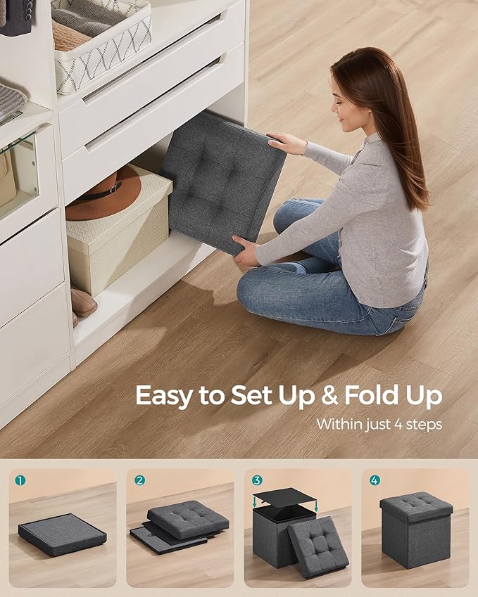 SONGMICS Folding Storage Ottoman Bench，38 x 38 x 38 cm， Ottoman Foot Rest, End of Bed Bench, Storage Chest, Load 300 kg, for Living Room, Bedroom, Entryway, Dorm, Dark Gray ULSF27Z