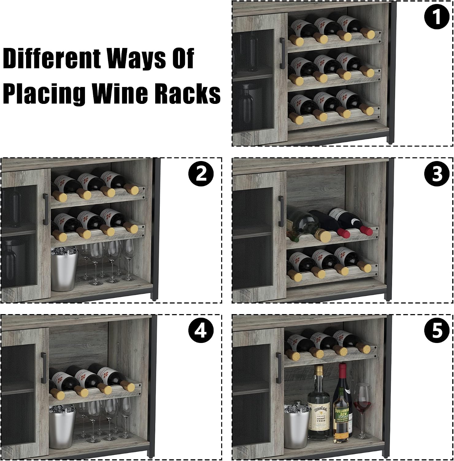 Bar Cabinet, Industrial Wine Cabinet with Removabl Glass Rack, Liquor Storage Cabinet with Adjustable Wine Rack, Home Bar with Mesh Doors and Baffle, Grey Without Light