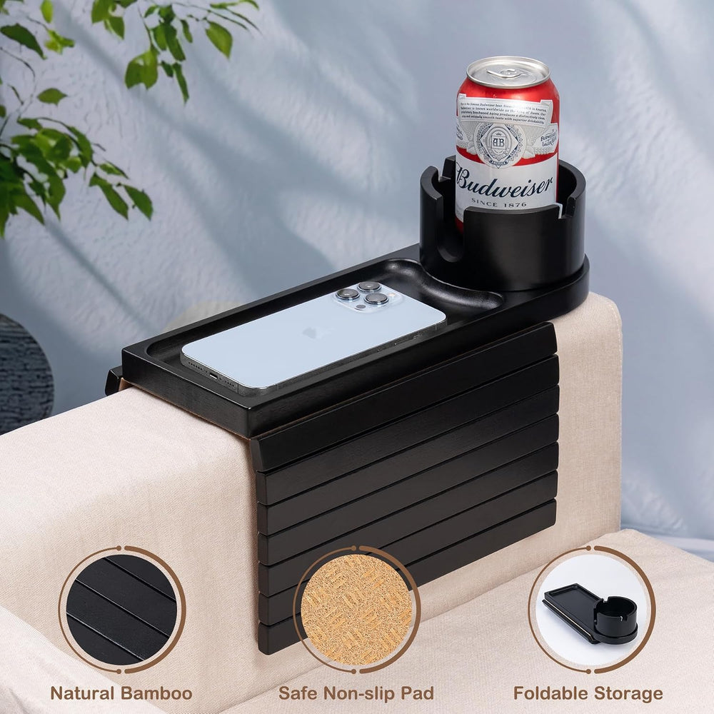 Couch Cup Holder for Armrests Over 4.9" Wide with 360° Phone Stand Black...