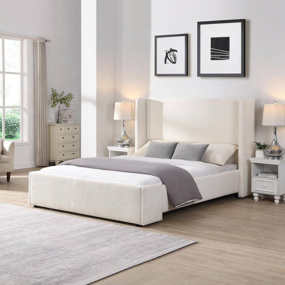 Queen Upholstered Platform Bed with Tall Wingback Headboard, White
