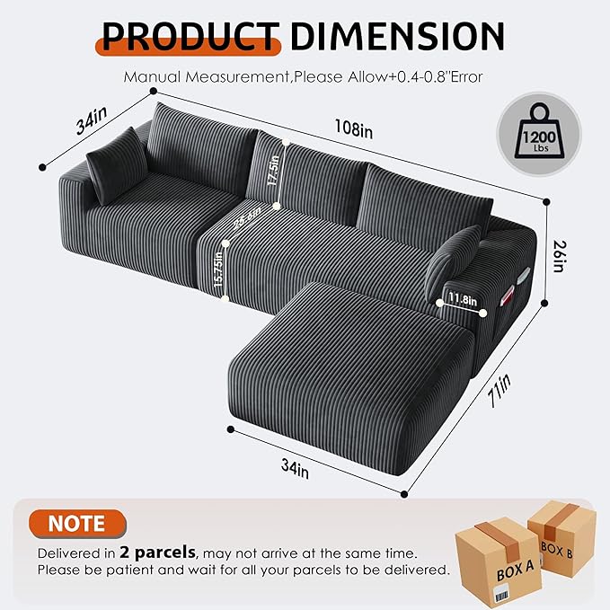 108" Cloud Couch Modular Sectional Sofa for Living Room,L Shaped Boneless Couch with Deep Seat Chaise,No Assembly Required Foam Sleeper Sofa for Apartments,Plush Corduroy Fabric, Dark Gray