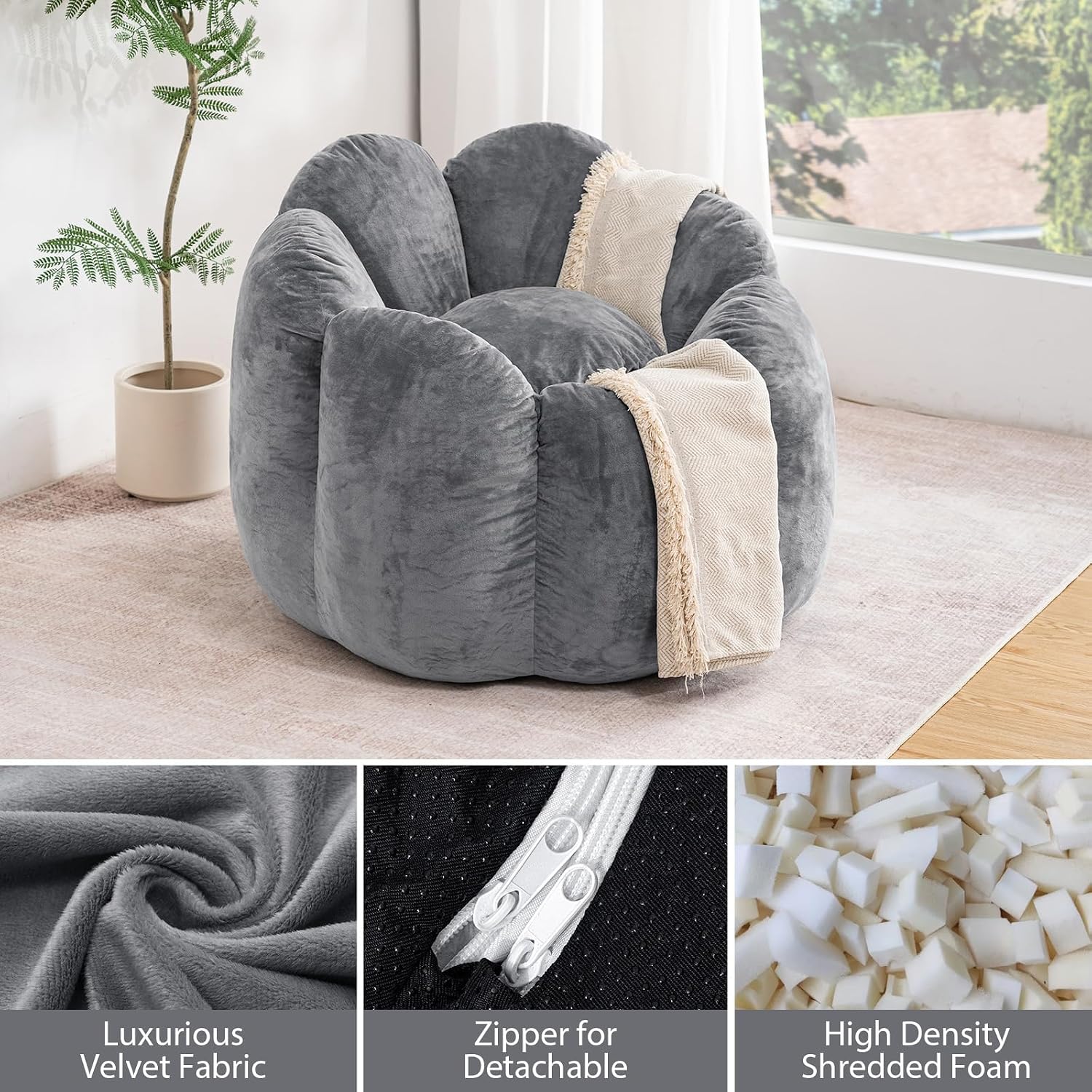 HOMMPA Bean Bag Chair for Adults Comfy Velvet Bean Bag Couch with Back Support Flower Shaped Oversized Sofa for Living Room,Bedroom,Dorm,Grey