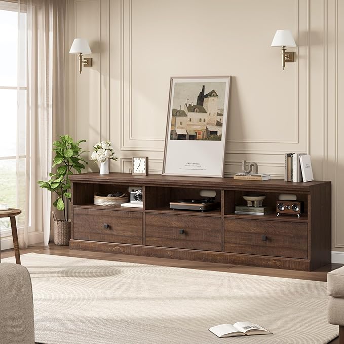 IDEALHOUSE 70in TV Stand for TVs up to 80", Mid Century Modern Entertainment Center with Storage Drawer and Open Shelves, TV Console Media Cabinet for Living Room, Bedroom, Brown