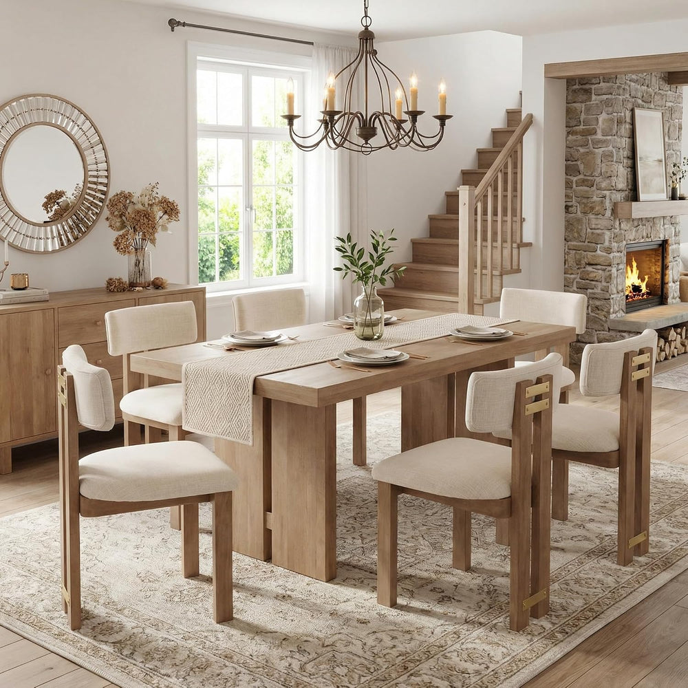 HNY Modern Linen Dining Chairs Set of 6 with Curved Back Support, Beige