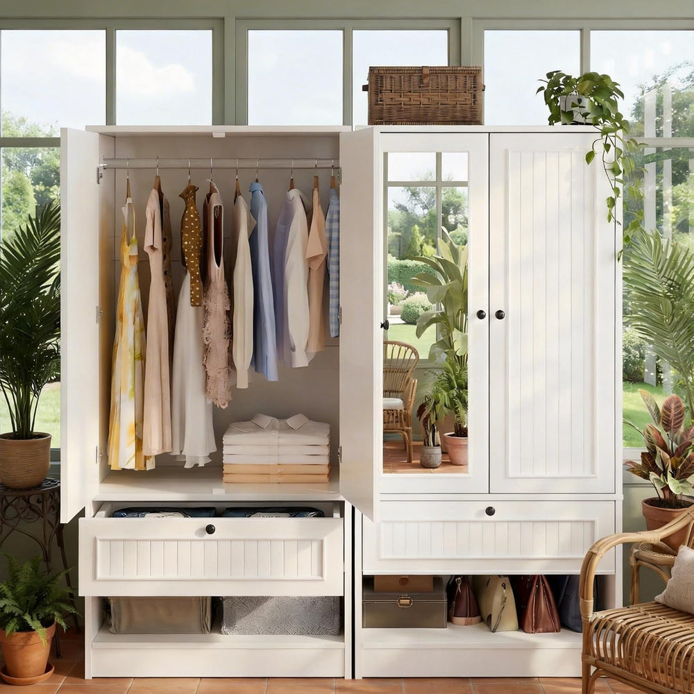 Feonase Armoire Wardrobe Cabinet with Mirror and Drawer, 70" 2-Door Wood...