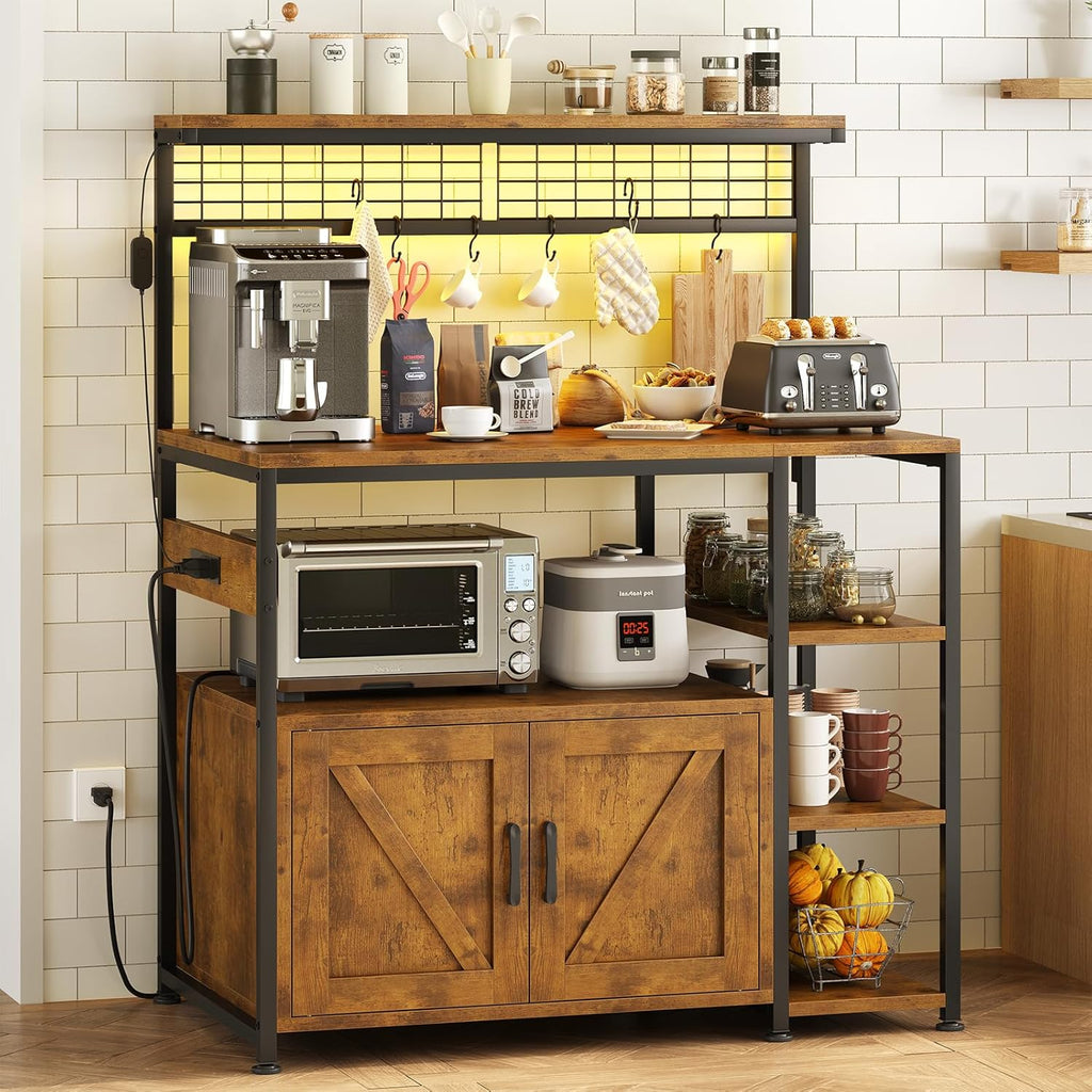 TVU Bakers Rack with Power Outlet and LED Light, Microwave Stand with Storage Cabinet, Coffee Bar Cabinet Station with 6 Hooks for Kitchen, Dining Room, Living Room, Coffee Bar, Rustic Brown, Black