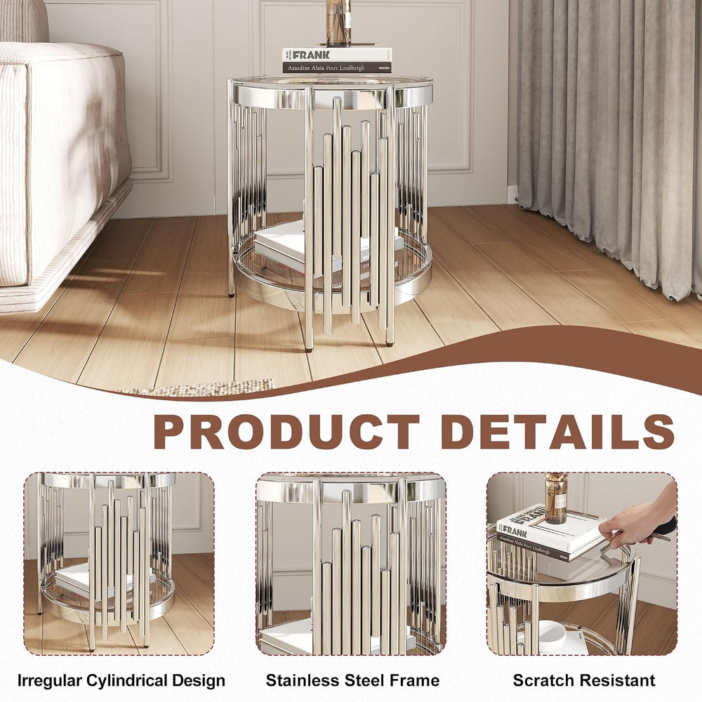 2 Tier Glass End Table with Storage, Round-Shaped Stainless Steel Side Table ...